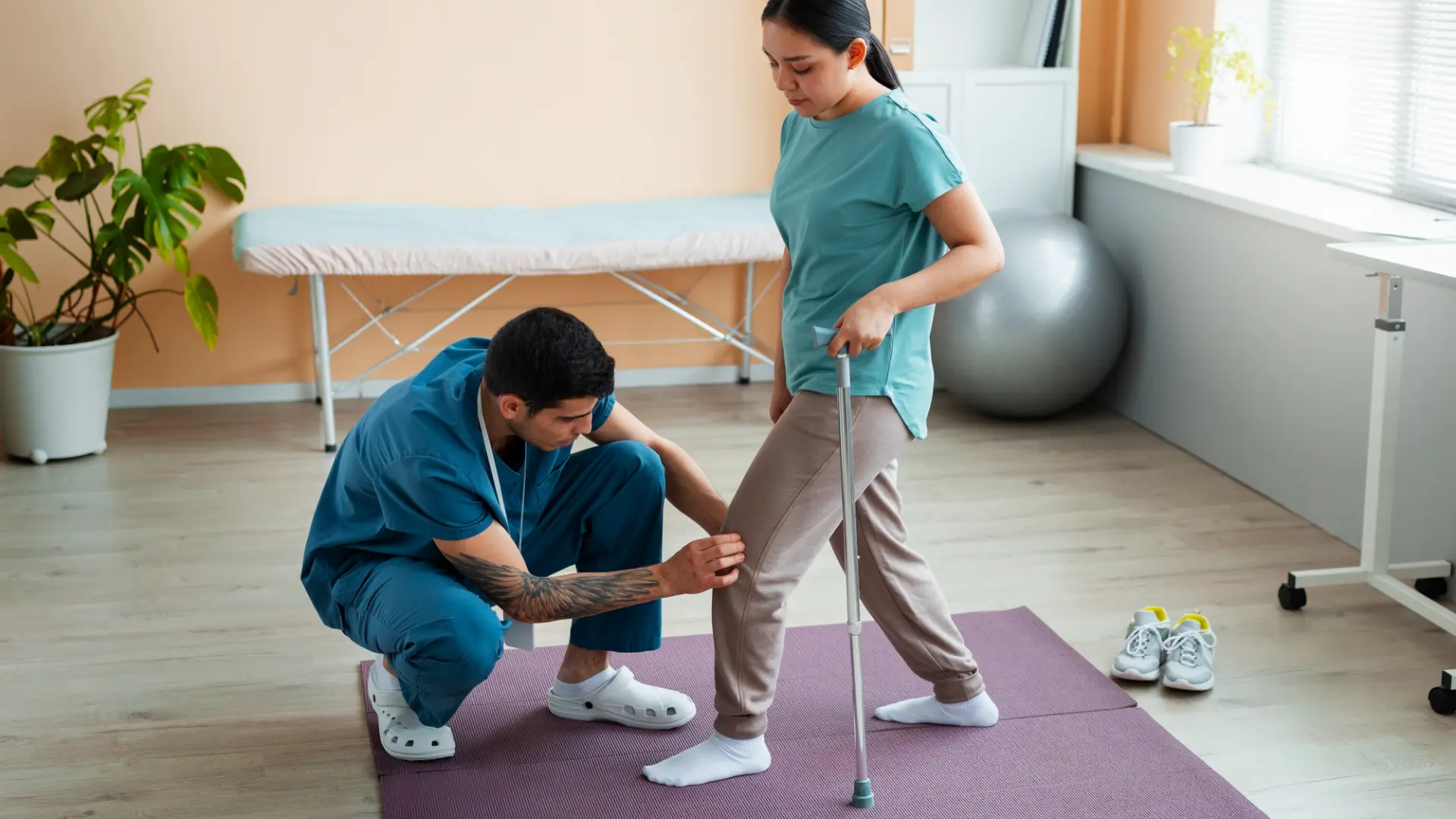 Postpartum PRES patient recovery walking with therapist