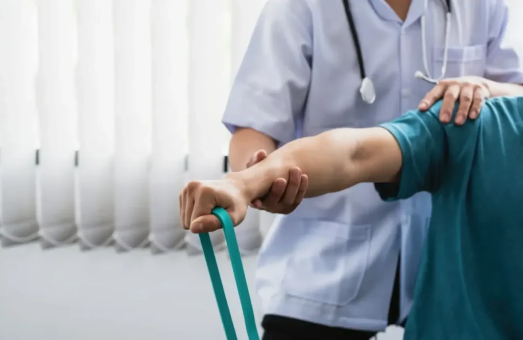 Physiotherapist assisting a patient with arm resistance band exercises during rehabilitation after an ICU stay in Hyderabad.
