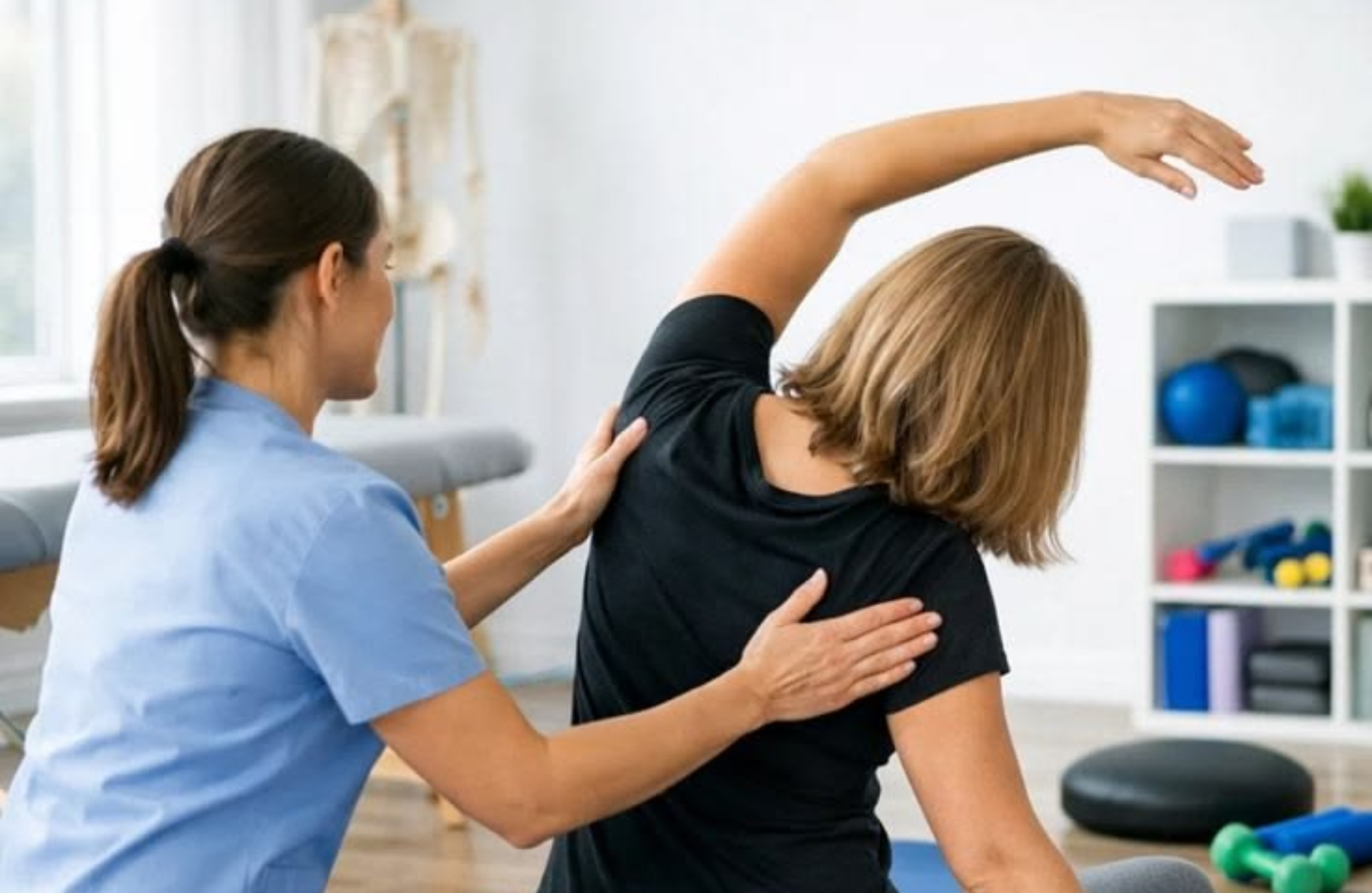 Physiotherapist assisting a patient with stretching exercises during physiotherapy rehabilitation