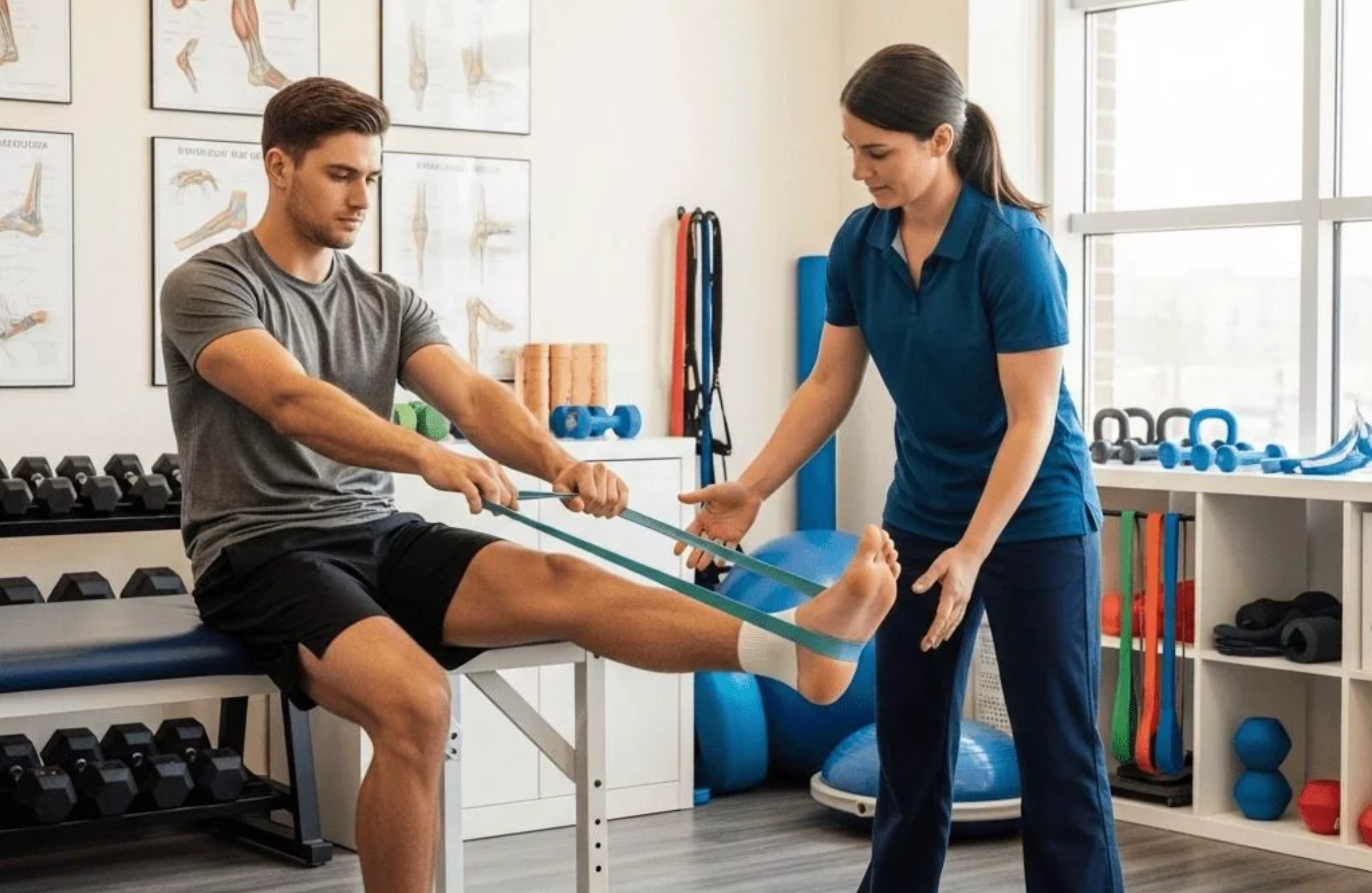 Physiotherapist guiding resistance band exercises for strength and rehabilitation recovery