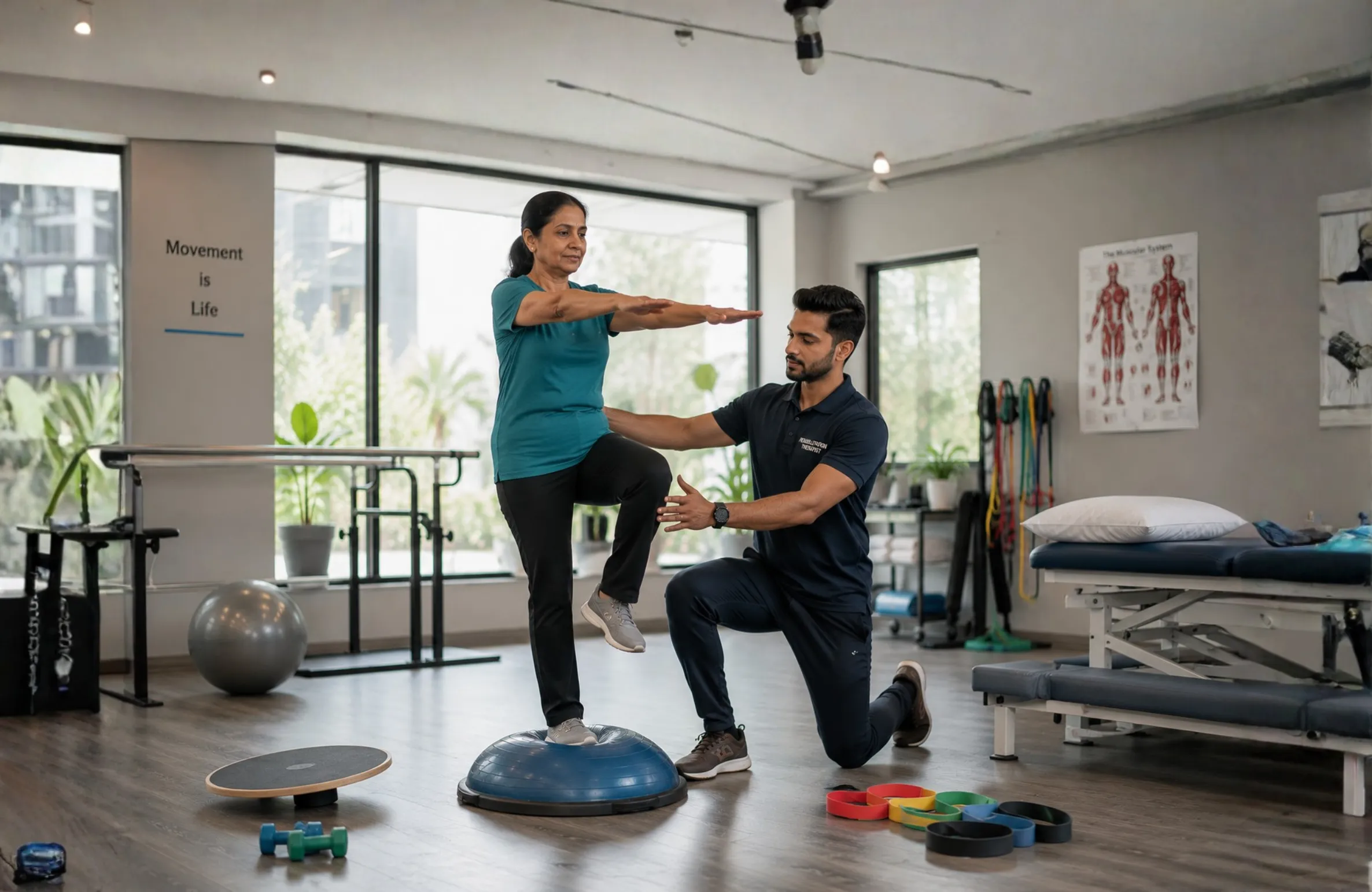 Physiotherapist assisting a patient to regain mobility and balance on stairs