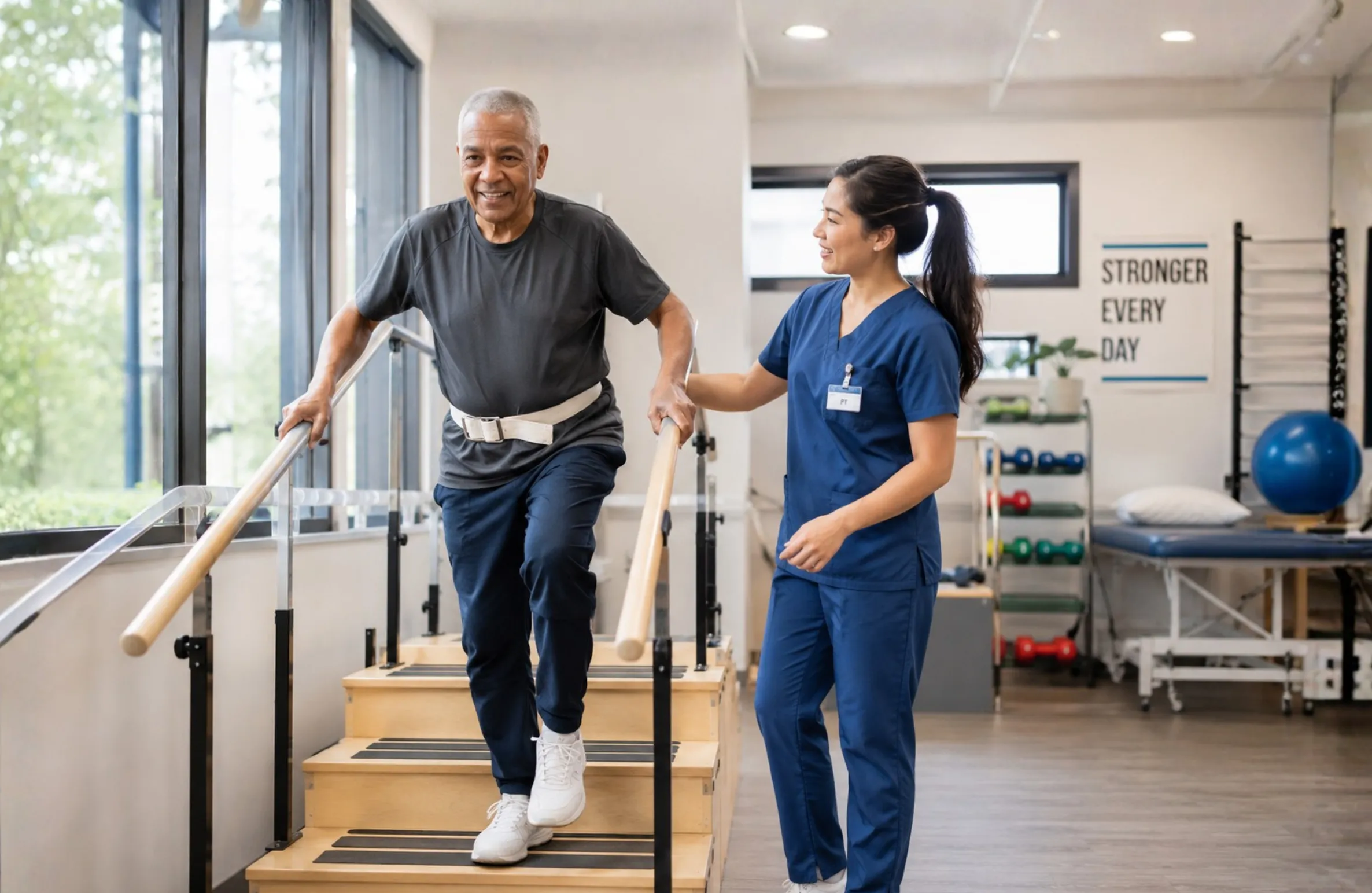 Rehabilitation specialist guiding a patient through daily independence exercises