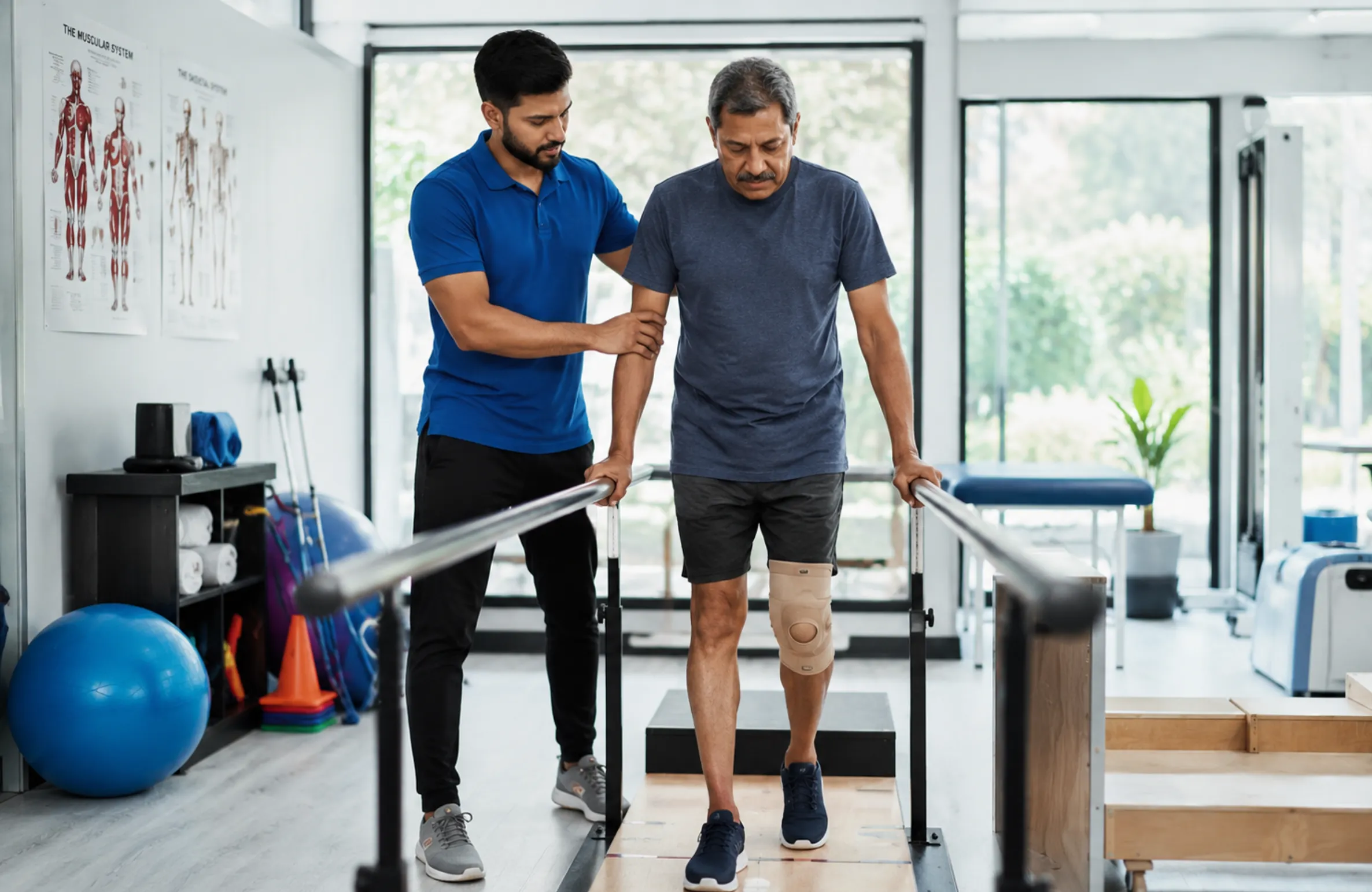 Physiotherapist assisting a patient to regain mobility and balance