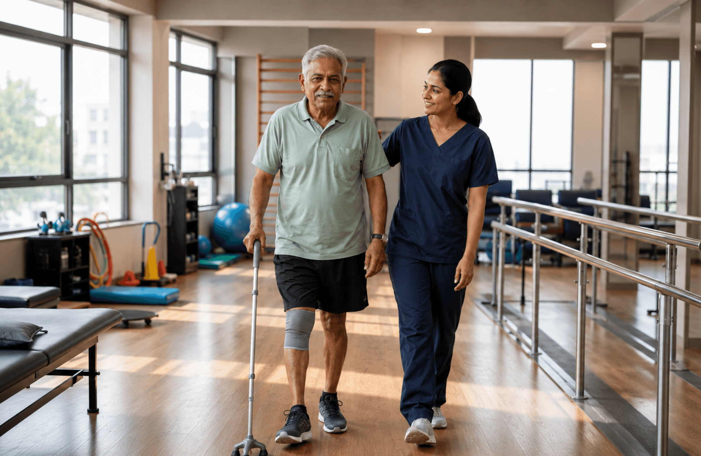Physiotherapist assisting a stroke patient with guided mobility exercises