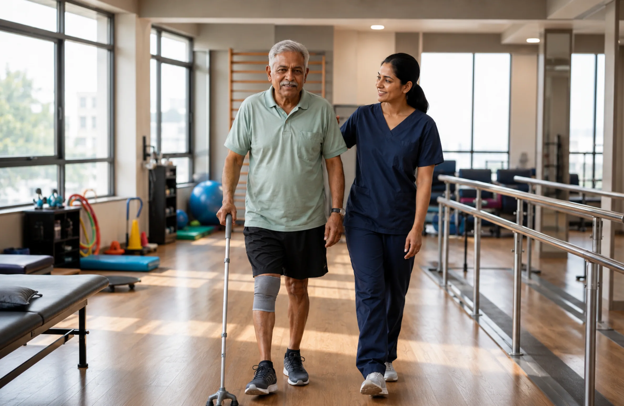 Stroke Physiotherapy Session Physiotherapist assisting a stroke patient with guided mobility exercises