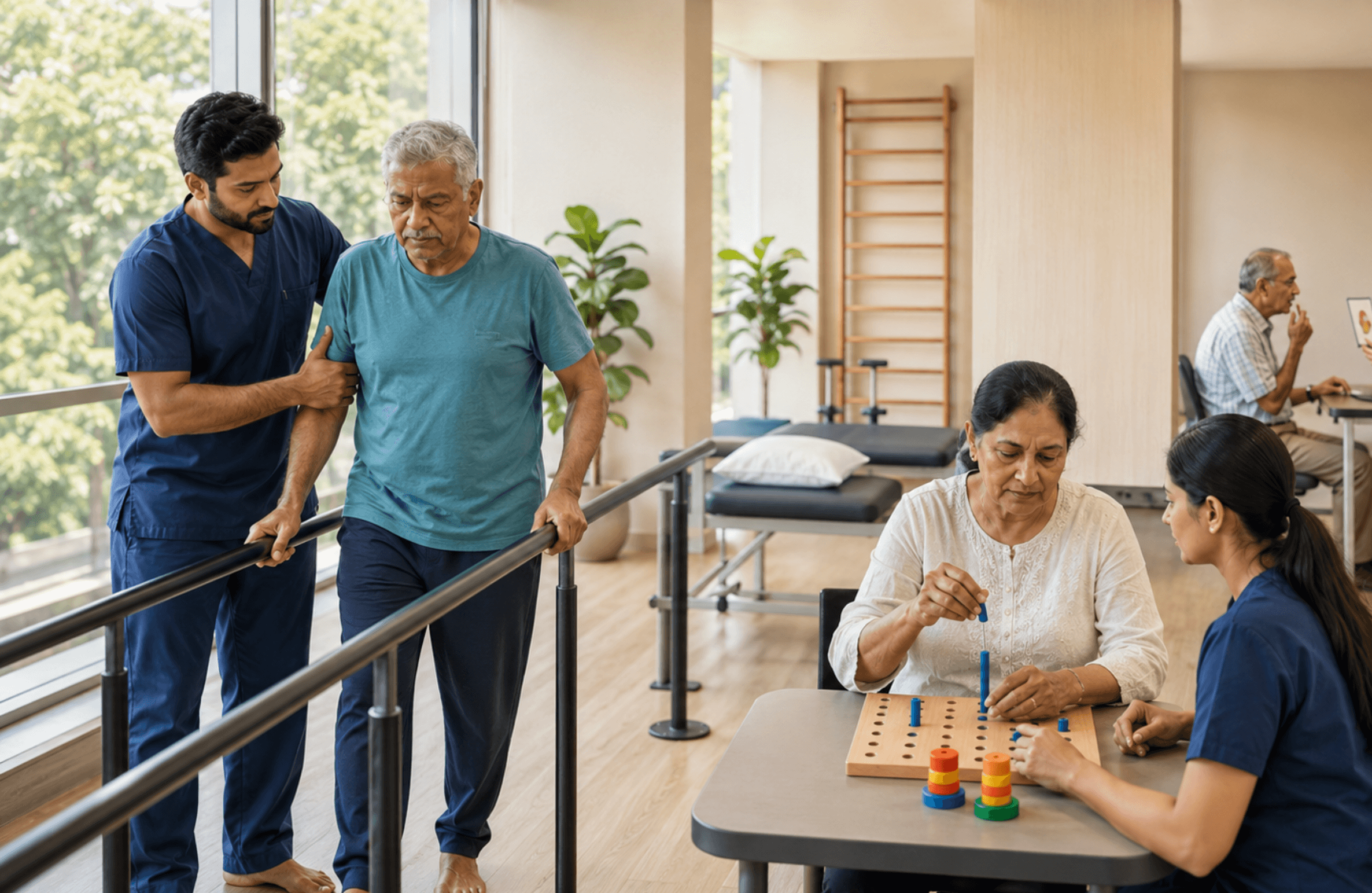 Multidisciplinary clinical team supporting a stroke patient's recovery journey