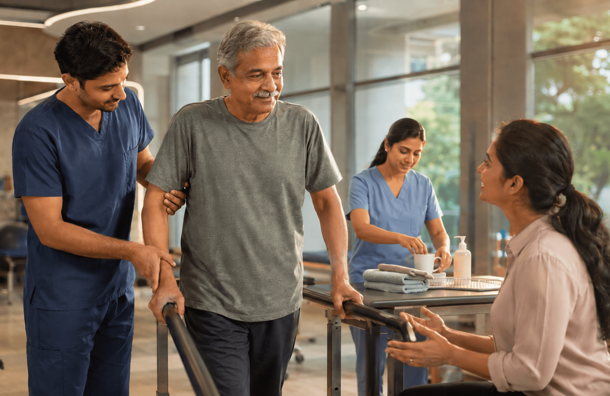 Physiotherapist guiding a patient through mobility exercises